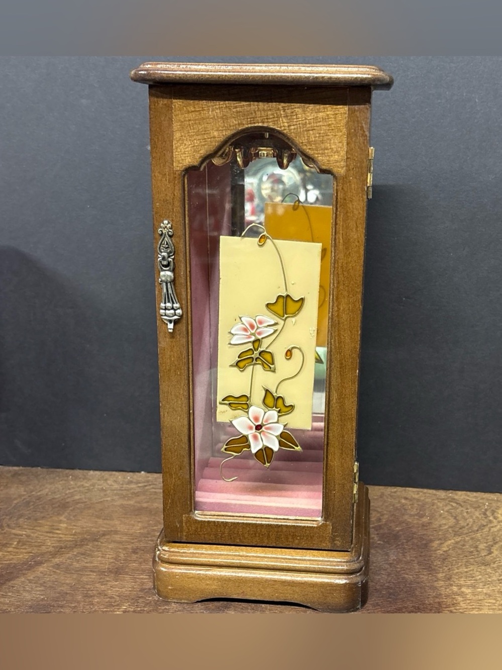 Vintage Wooden Mirrored Jewelry Cabinet with Floral Stained Glass Accent